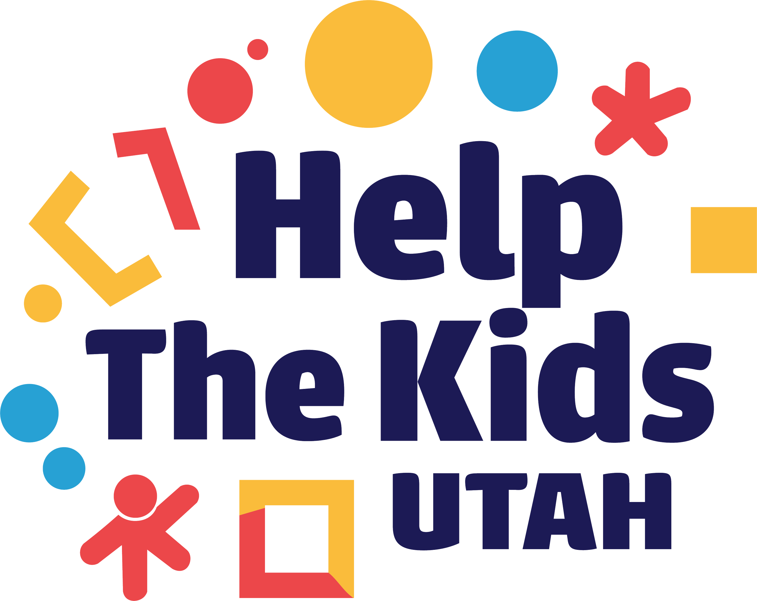 Colorful graphic with the text "Help The Kids UTAH" and animated icons of children, circles, and squares.