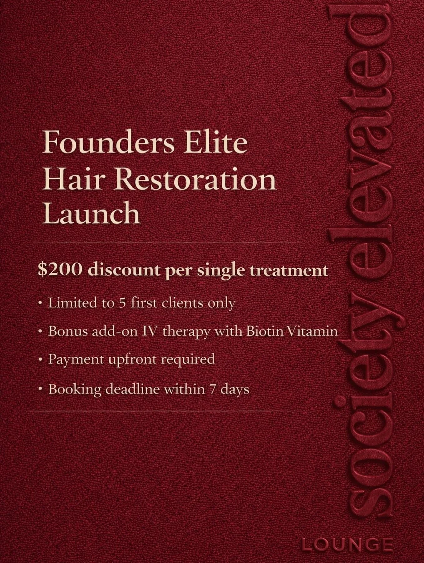 FOUNDERS ELITE HAIR RESTORATION &mdash; OFFICIAL LAUNCH

By the time thinning becomes visible, up to 50% of density may already be reduced.

This is your opportunity to intervene early &mdash; or finally address what&rsquo;s been progressing for year