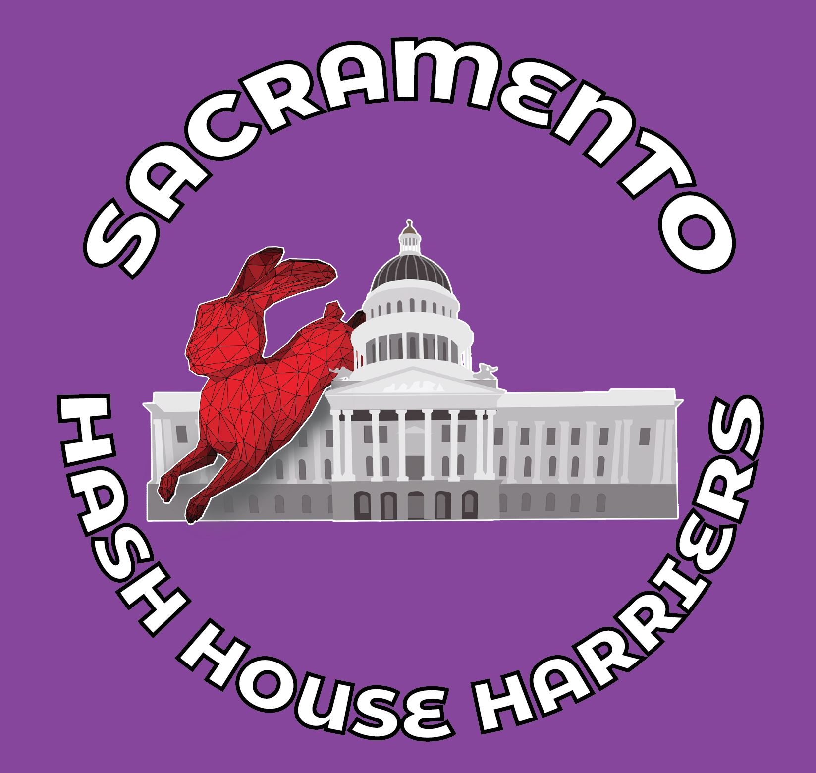 A graphic illustration of the U.S. Capitol building with a red, polygonal rabbit jumping in front of it, surrounded by the text 'Sacramento House Harrys' on a purple background.