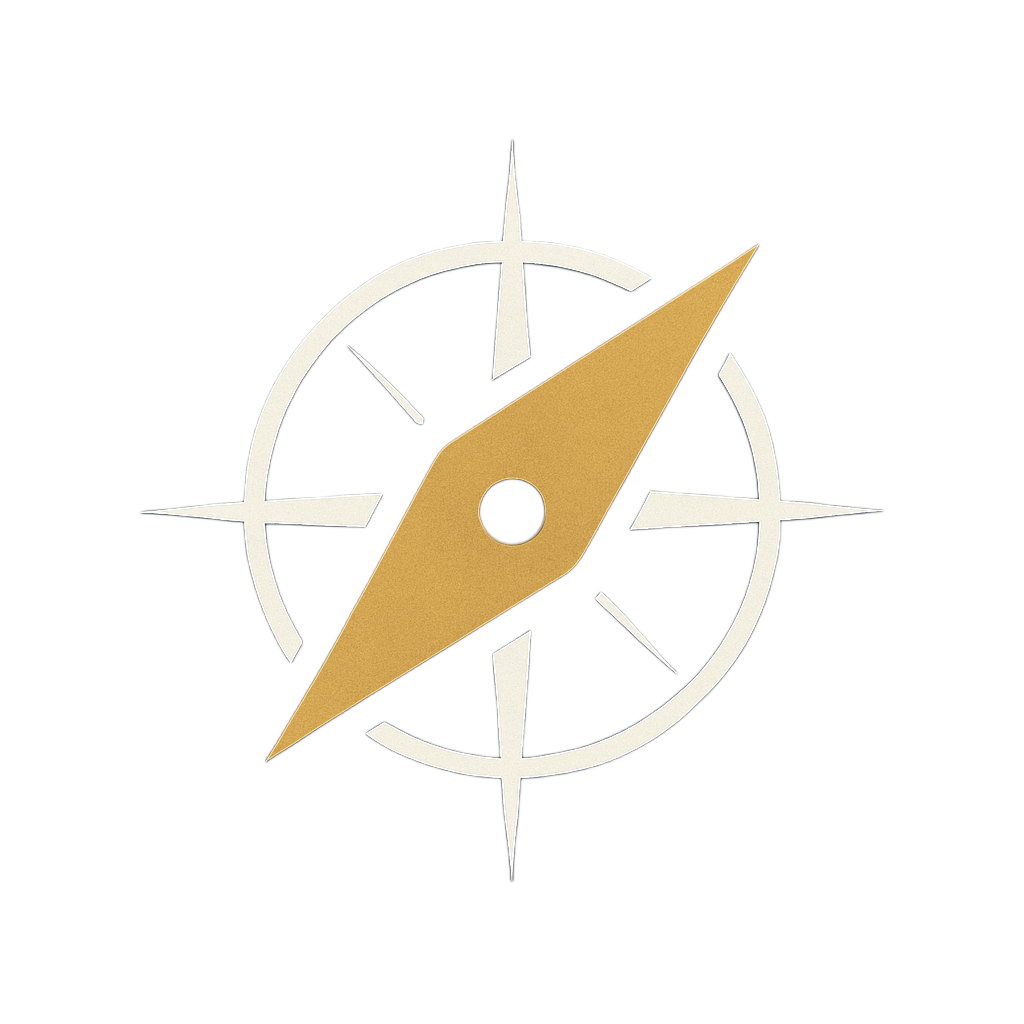 A compass with a black background, featuring a gold and white needle design.