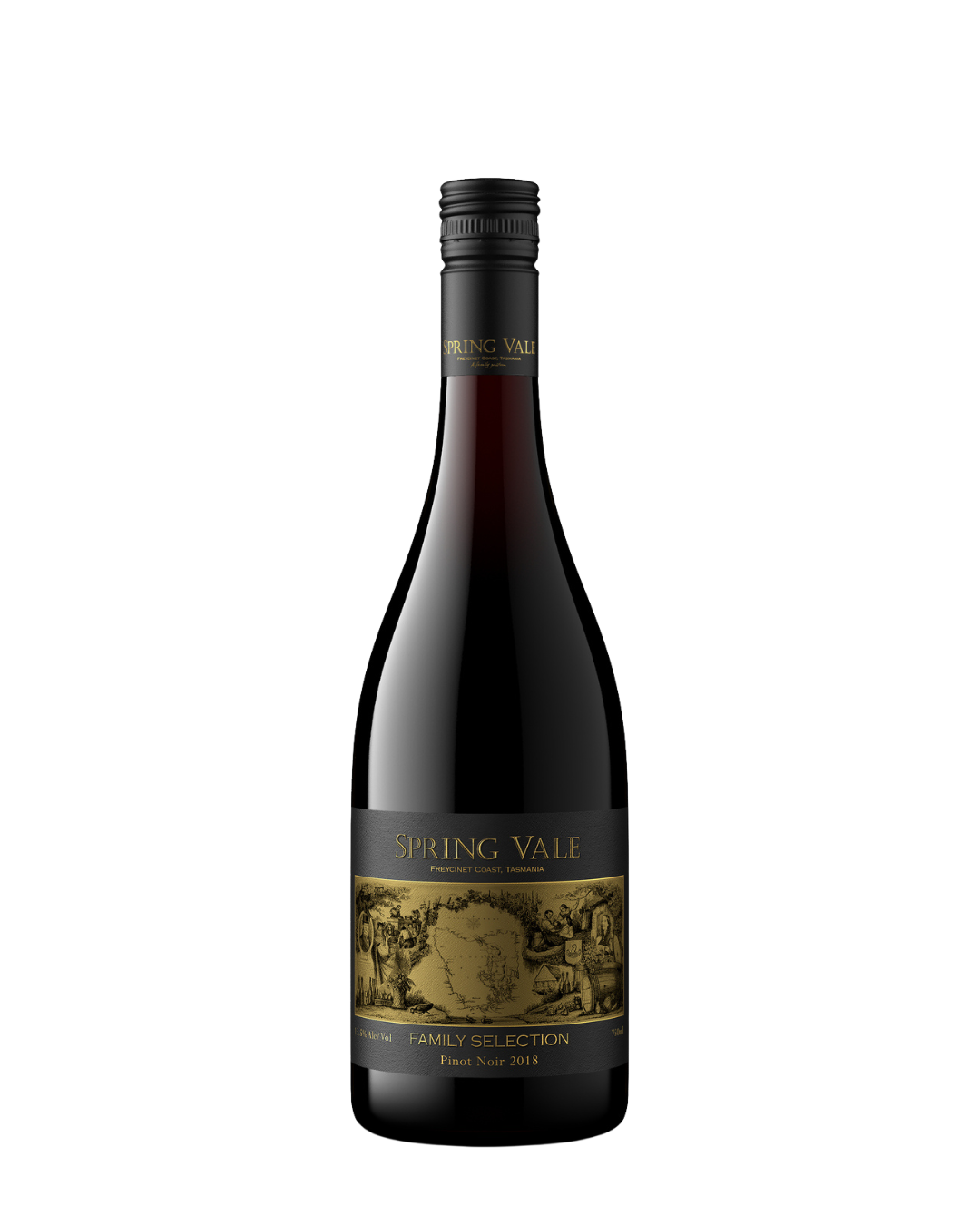 A bottle of Spring Vale Pinot Noir 2018 wine with a black label, gold accents, and a vintage-style illustration, set against a black background.