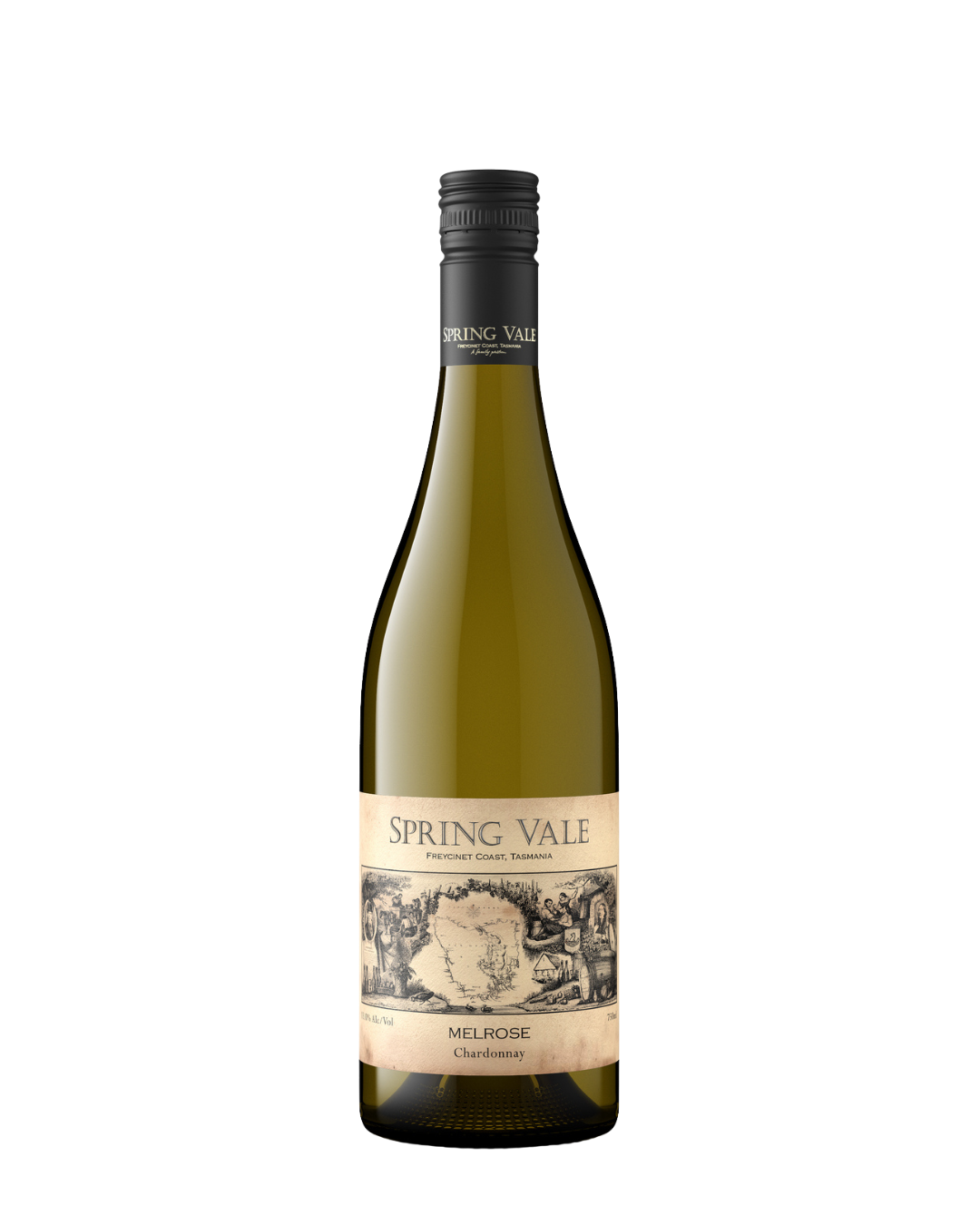 A bottle of Spring Vale Melrose Chardonnay wine from Tasmania with a vintage-style label.