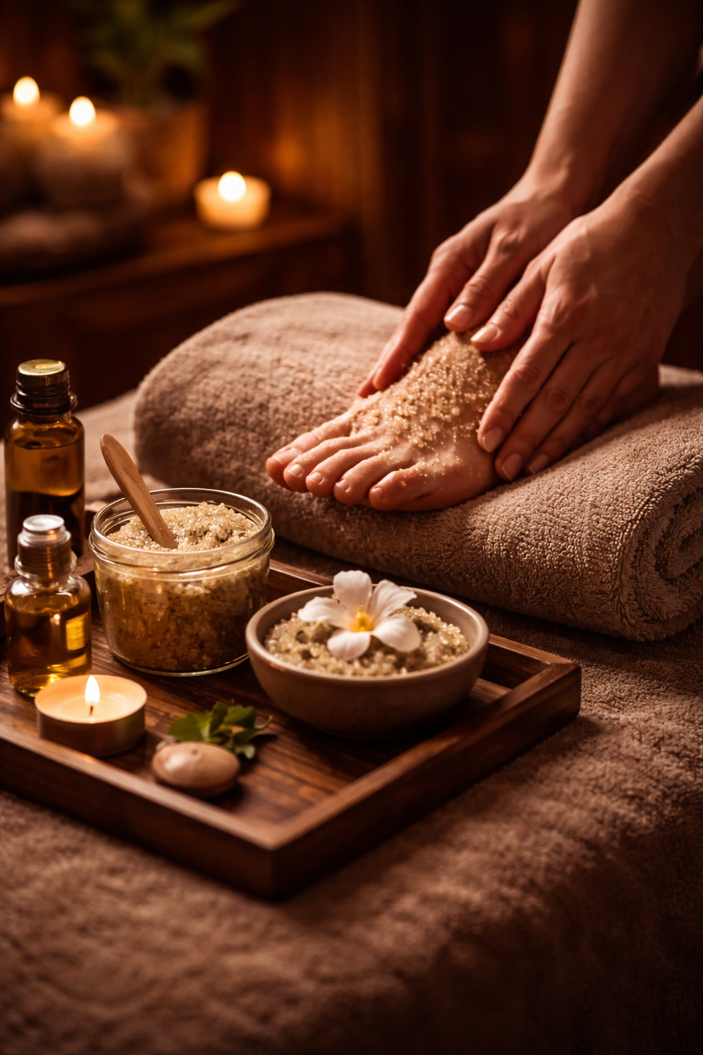 Relaxing foot scrub therapy with gentle exfoliation in a calm, candle-lit massage room at Silver lake, Serenity Thai massage