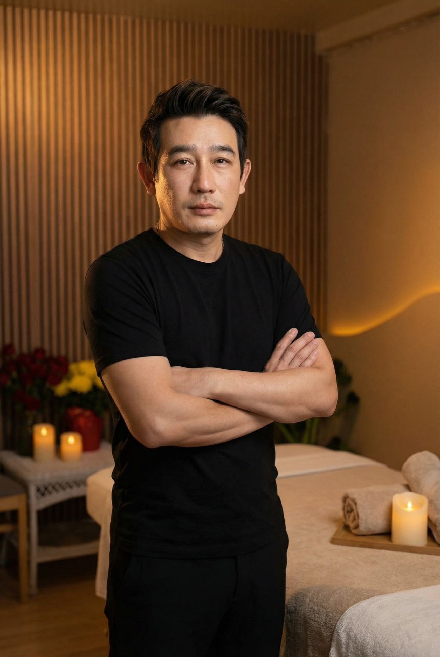 Professional male massage therapist in grey uniform standing in a warm Thai spa room with candles and wooden wall, representing Serenity Thai Wellness & Massage in Los Angeles.