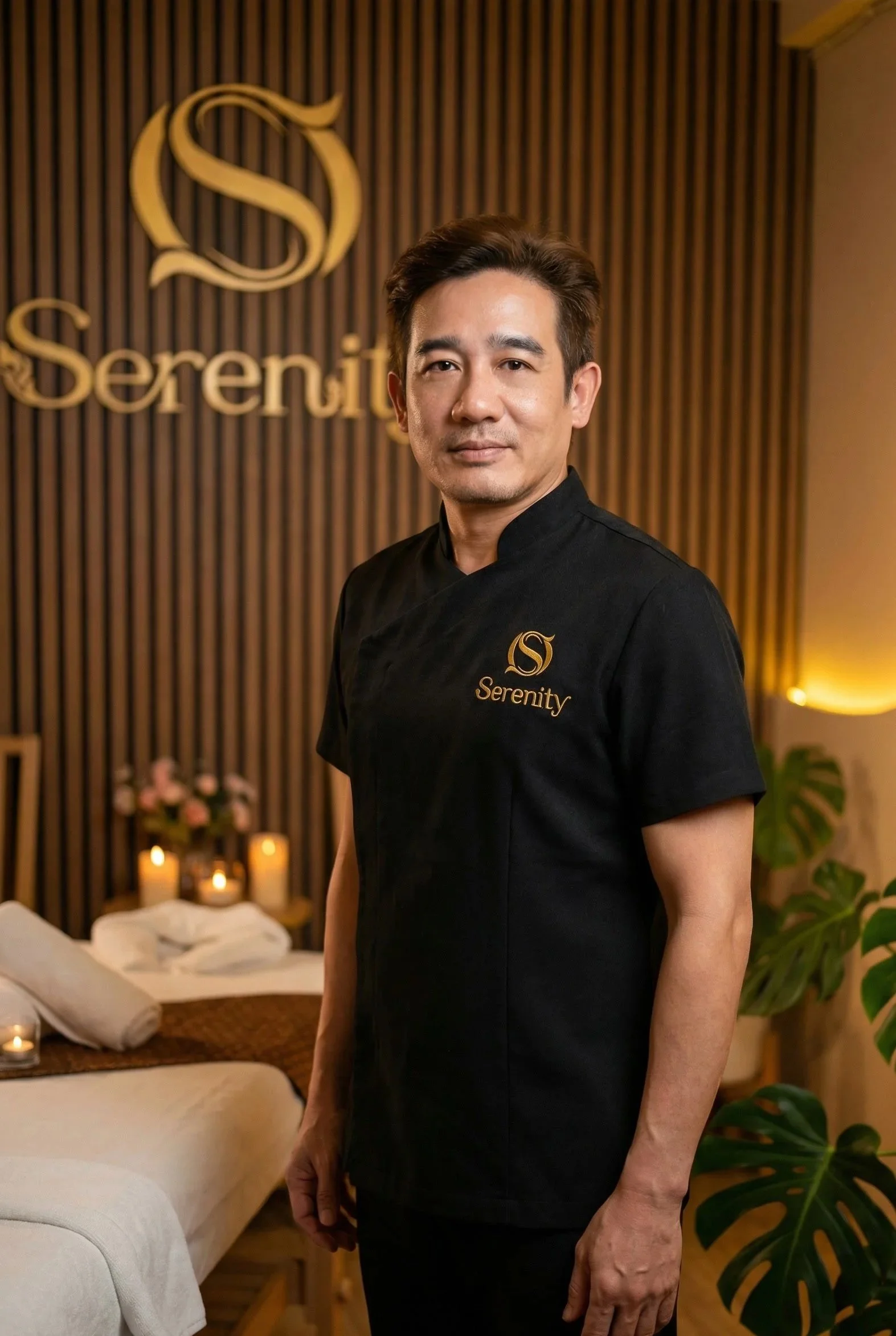 Professional male massage therapist in grey uniform standing in a warm Thai spa room with candles and wooden wall, representing Serenity Thai Wellness & Massage in Los Angeles.