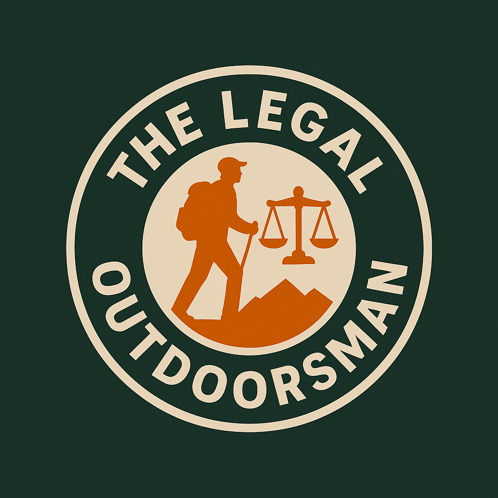 Logo for The Legal Outdoorsman, featuring a silhouette of a hiker with a backpack and a mountain, holding a walking stick, with the scales of justice in the background.