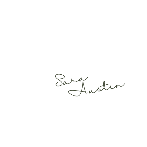 A black square with the text 'Sara Austin' in a cursive font.