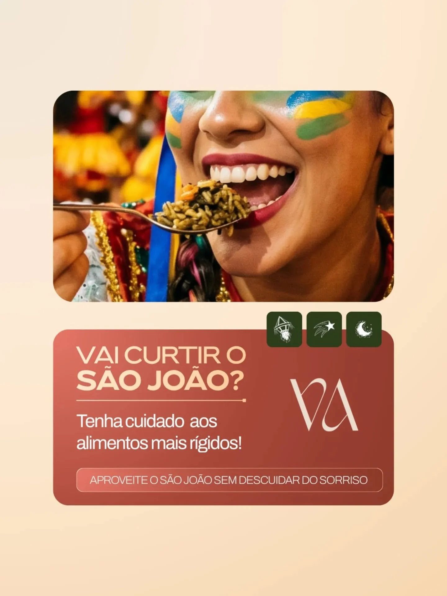 Aproveite o S&atilde;o Jo&atilde;o sem descuidar do sorriso.😆🔥

As festas juninas s&atilde;o cheias de comidas t&iacute;picas deliciosas, mas alguns alimentos podem oferecer risco para os dentes, como p&eacute; de moleque, ma&ccedil;&atilde; do amo