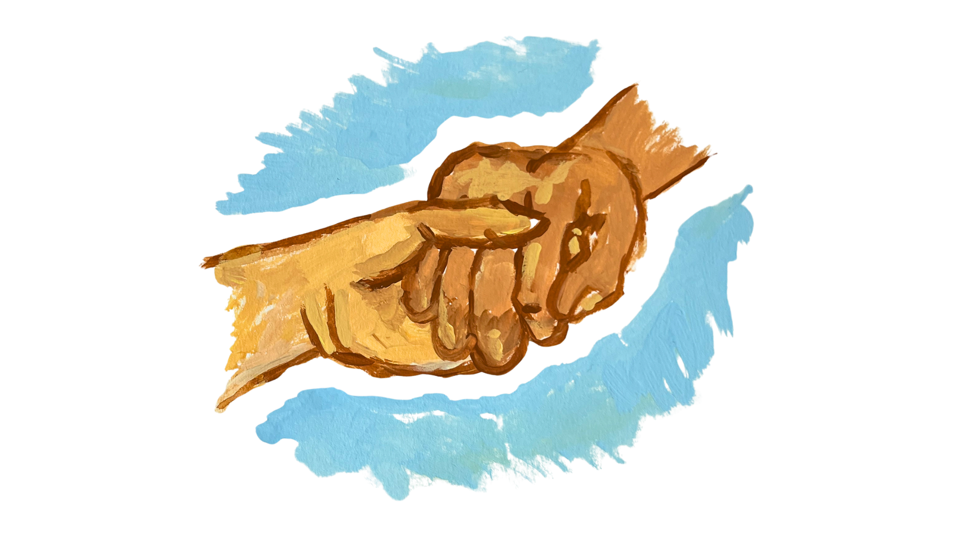 A painting of an up close scene of two people holding hands. The background has a light blue paint texture.