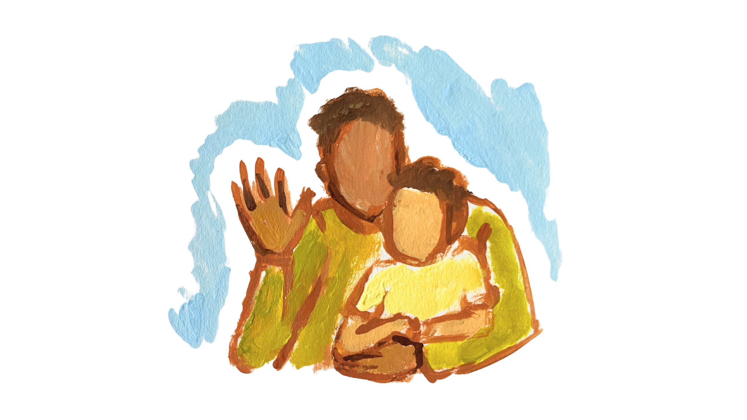 A painting of a parent holding their young child waving to the viewer. The background has a light blue paint texture.