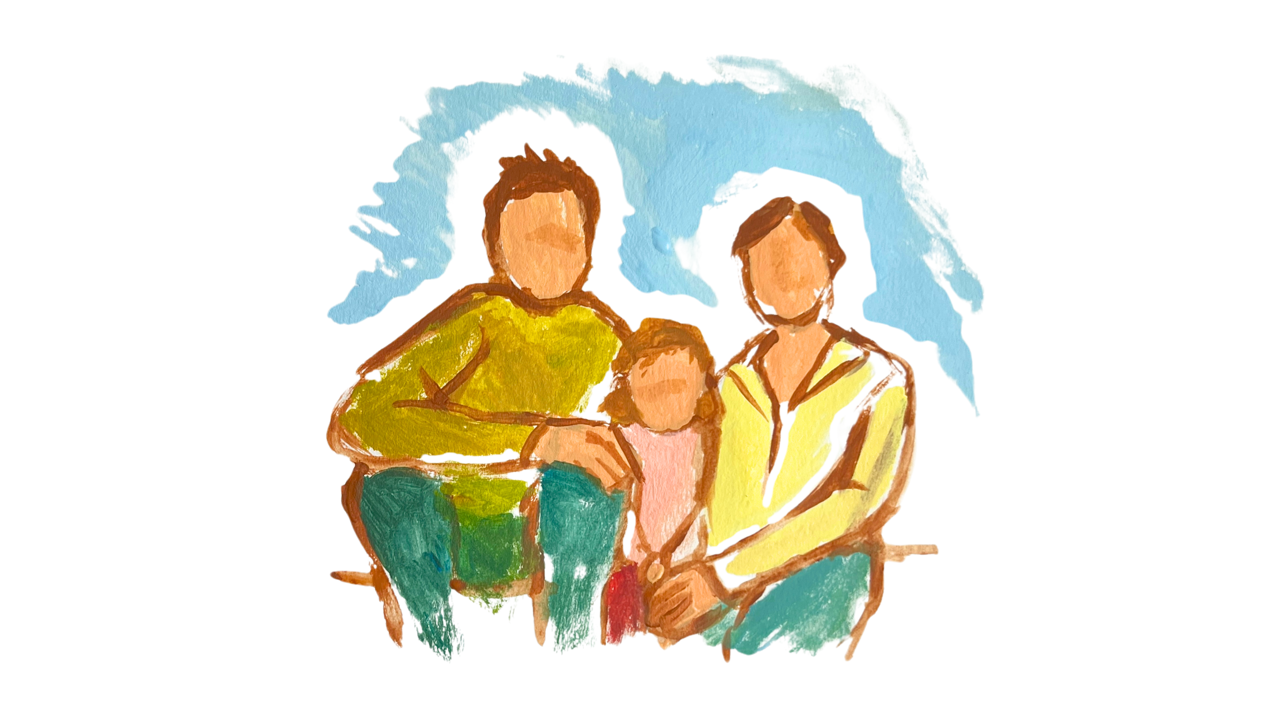 A painting of two parents and a young child sitting between them, they are sitting on a step looking towards the view. The background has a light blue paint texture.
