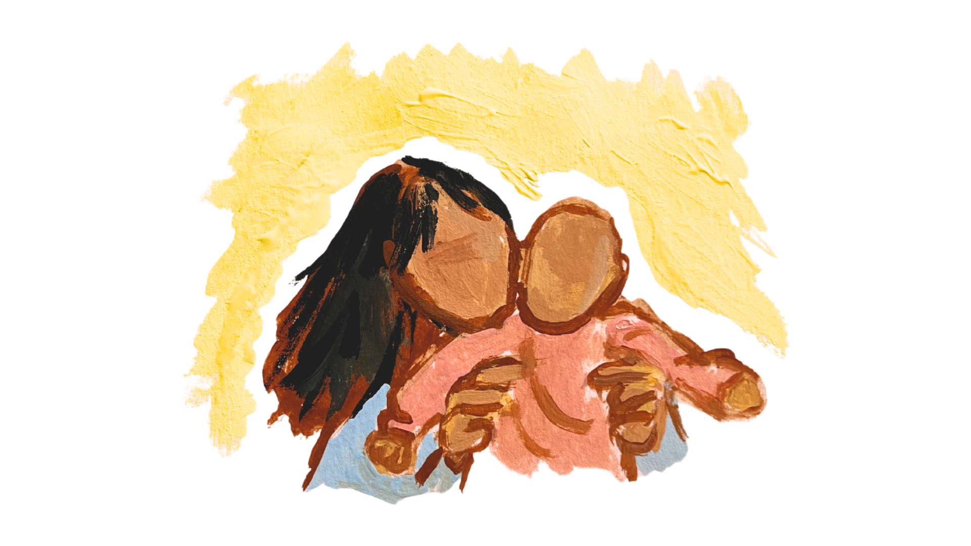 A painting of a mother with long dark hair holding a young child wearing a pink shirt, the background has a yellow paint texture.
