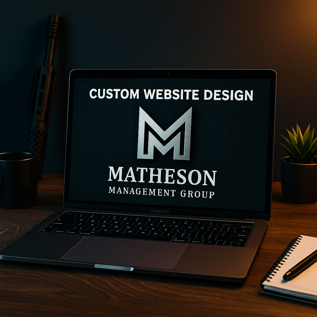 Laptop displaying a website for 'Matheson Management Group' with the text 'Custom Website Design' and a logo, on a wooden desk with a notebook and pen, a plant, a cup, and a rifle in the background.