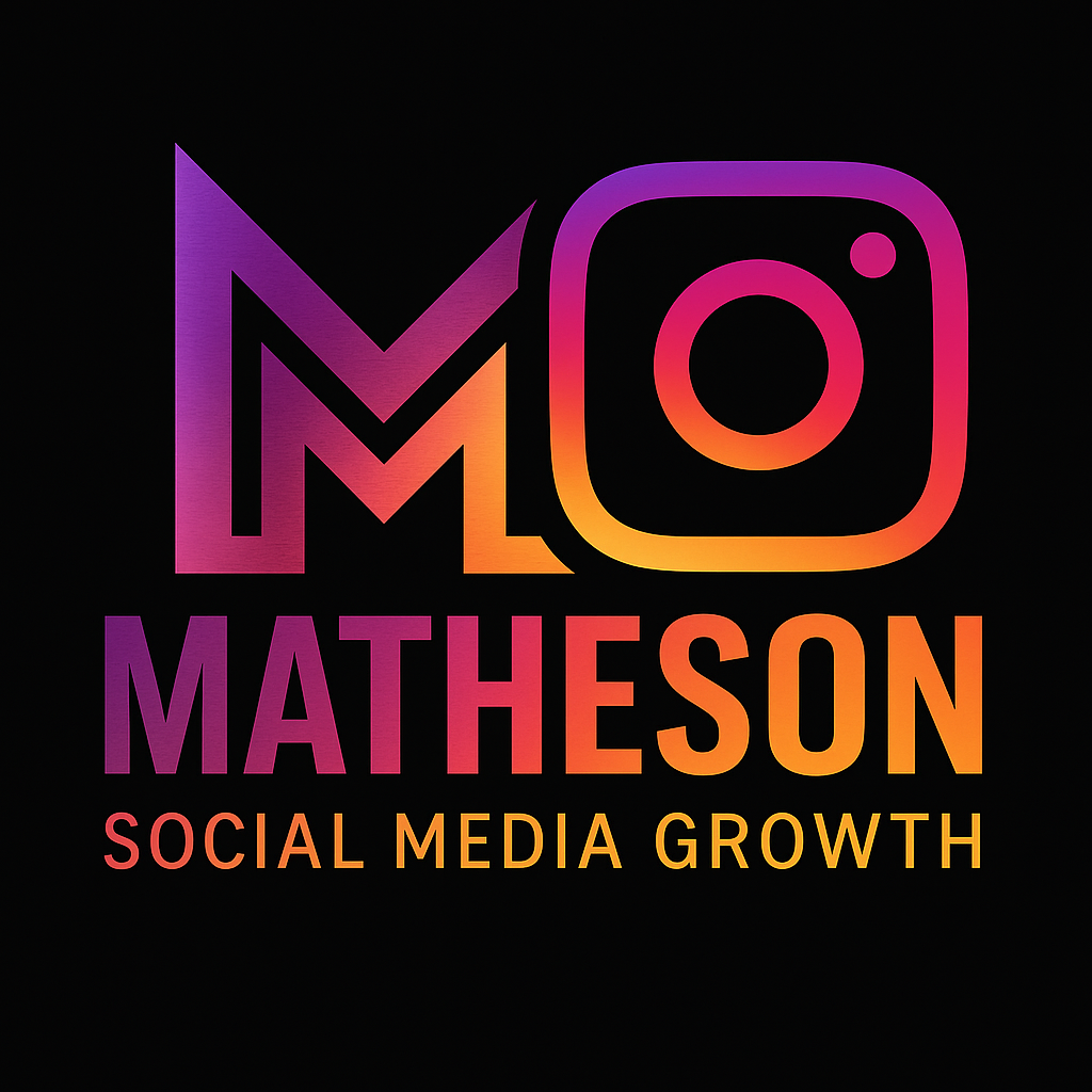 Logo with a stylized M and the Instagram icon, text reads 'Matheson Social Media Growth' in purple, pink, and orange colors on a black background.