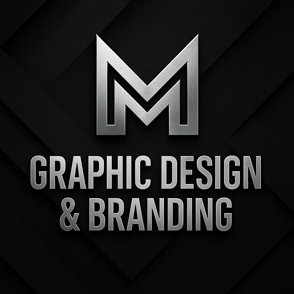 A logo with a stylized metallic 'M' design above the text 'GRAPHIC DESIGN & BRANDING' on a dark, textured background.