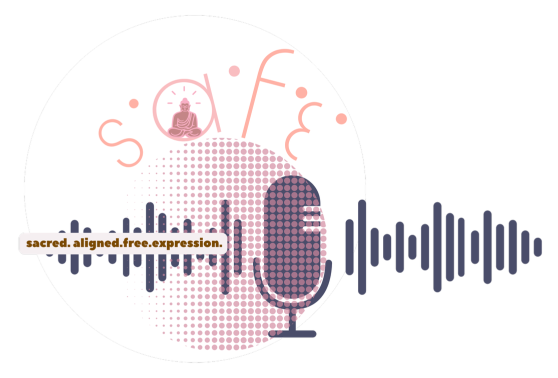 A podcast cover design featuring a large white circle with pink and purple design elements, including a small Buddha figure, stylized sound wave graphics, and text that reads 'sacred. aligned.free.expression.' on a black background.