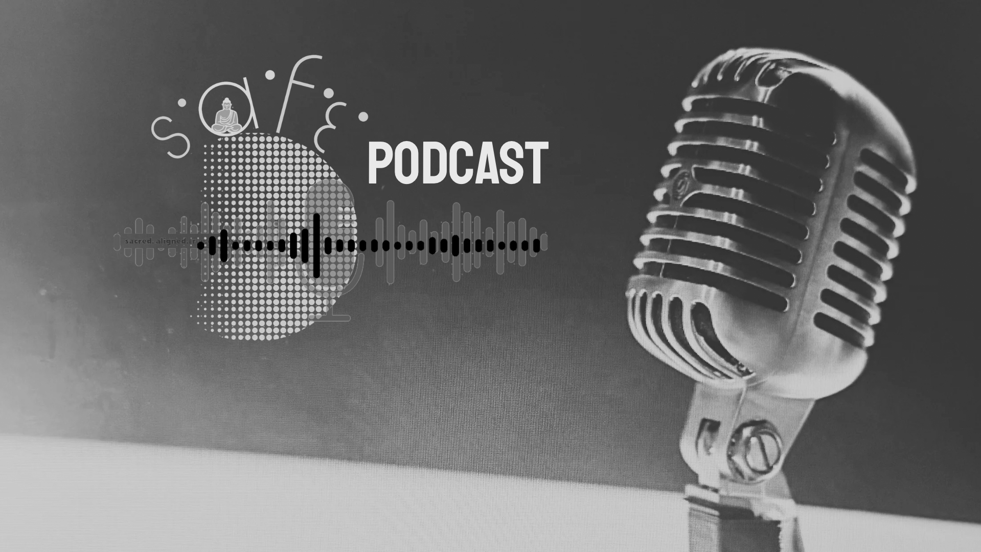 A vintage microphone and a podcast logo with a halftone speech bubble, a soundwave graphic, and a small Buddha figure icon.