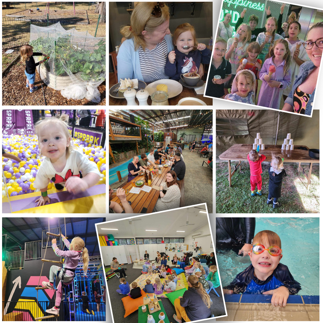 Collage of children and families engaging in activities at a playground, birthday party, indoor play center, and family gathering, including swimming, foam ball pit, and outdoor games.