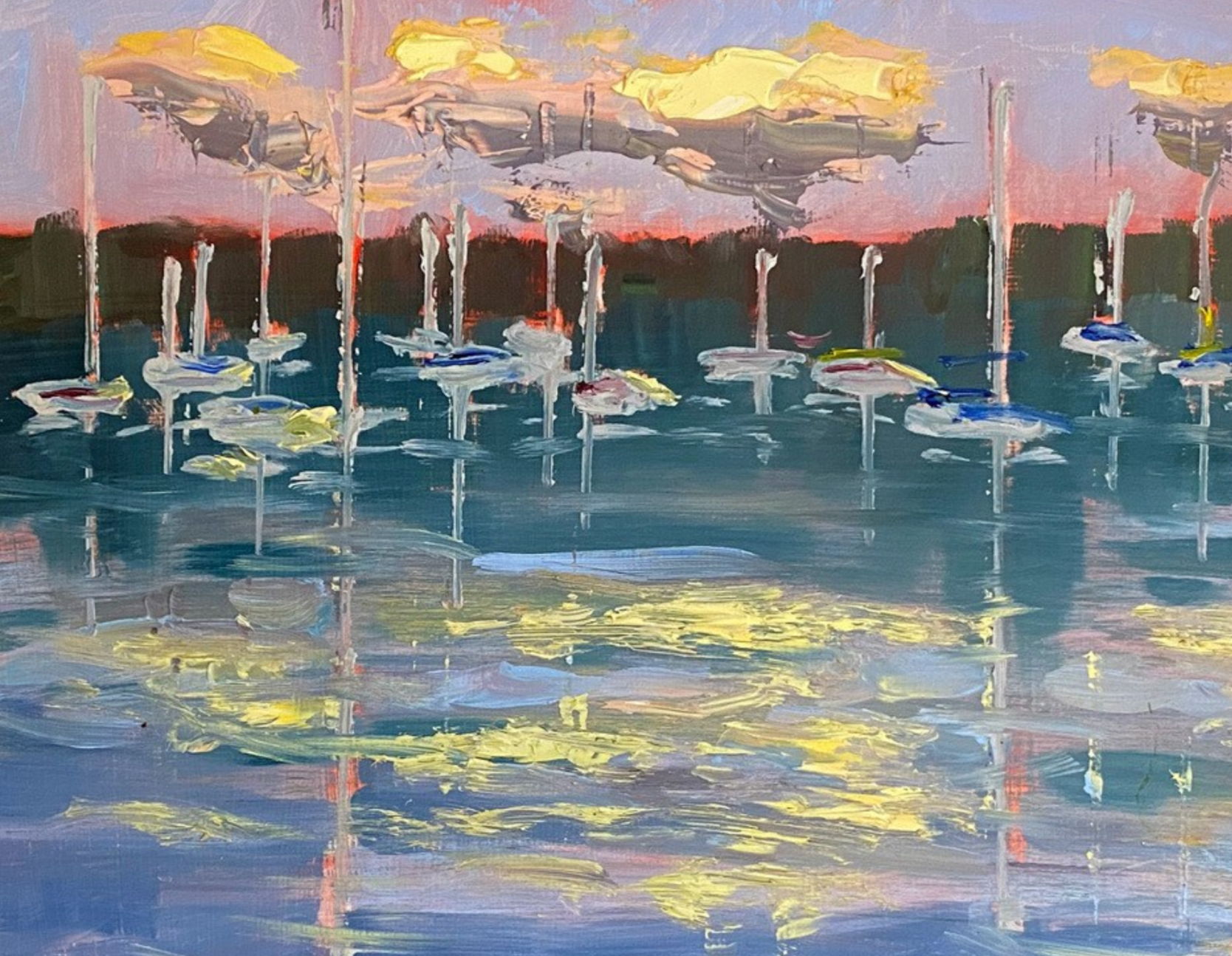 Impressionist painting of boats and umbrellas on a body of water at sunset with colorful clouds and reflections.