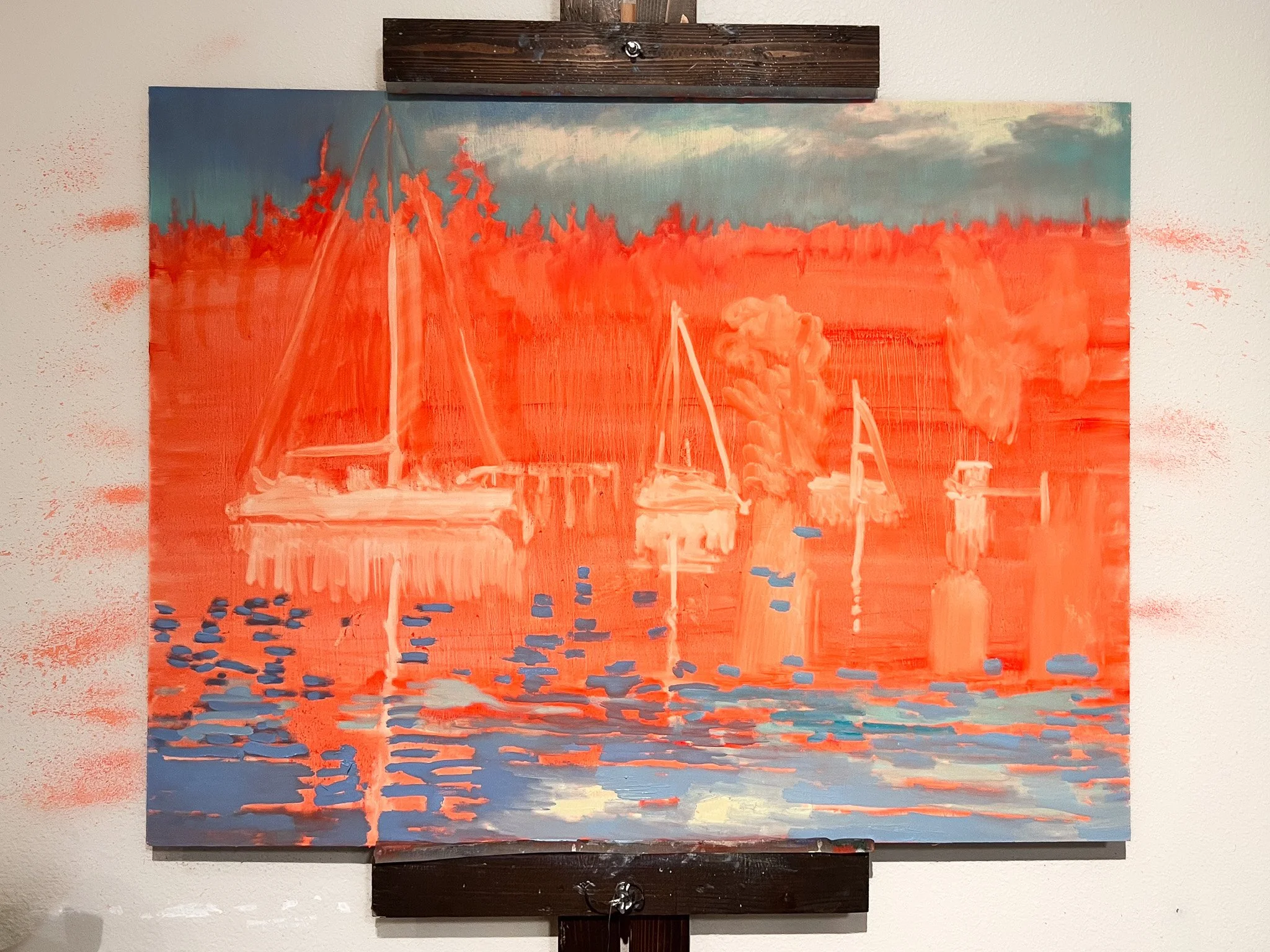 An impressionistic painting of sailboats on water, with a vivid orange and blue color palette, and a cloudy sky in the background.