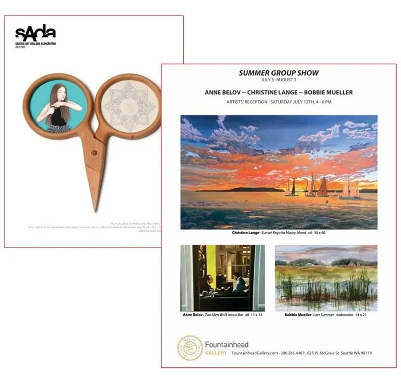 A flyer for a summer group art show at Fountainhead Gallery featuring works by Christine Lange, Anne Belov, and Bobbie Mueller. The flyer includes images of a sunset landscape painting, a photo of two women talking in a cafe, and a watercolor of late summer wetlands. An art piece with a girl tied to a magnifying glass is also visible.