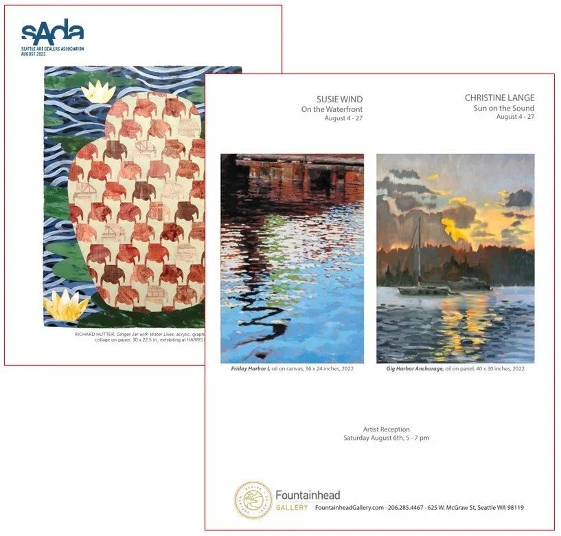 Art exhibition flyer with two paintings, one of water reflections titled "Friday Harbor" and another of a boat at sunset titled "Gig Harbor Anchorage," alongside a colorful painting of a pineapple with animal patterns, text providing details about the artists and reception event.