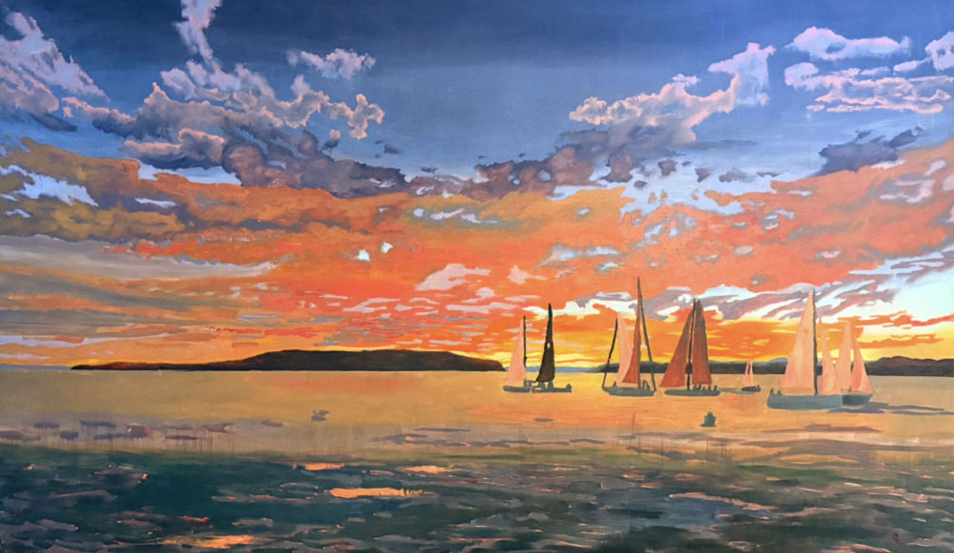  Sunset Regatta, Maury Island  
  Oil on ACM panel, 2025,  size: 36 x 60 
