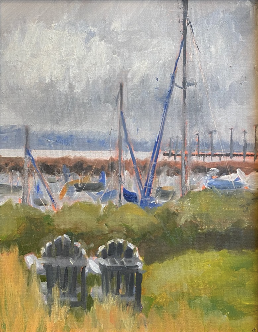  Wet Adirondack Chairs Facing Seaward 
 Oil on canvas panel, 2021,  size: 20 x 11
 Shop Gallery →