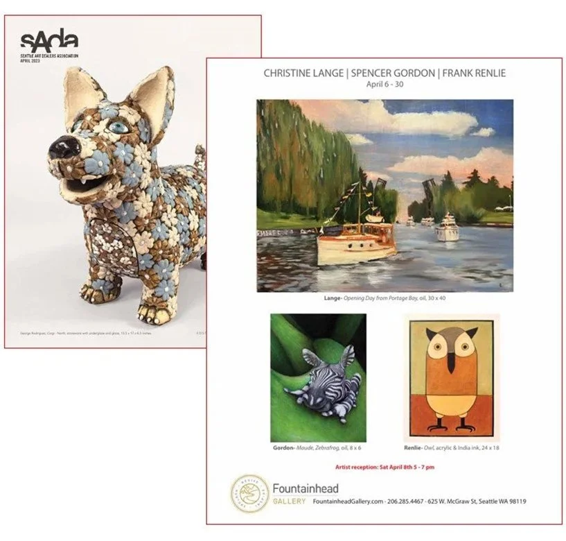 Image of a brochure with artwork images and an artist reception announcement. Features a stuffed animal resembling a dog made of fabric and floral embellishments, multiple paintings of boats, a zebra, and an owl, and details about an art gallery event.