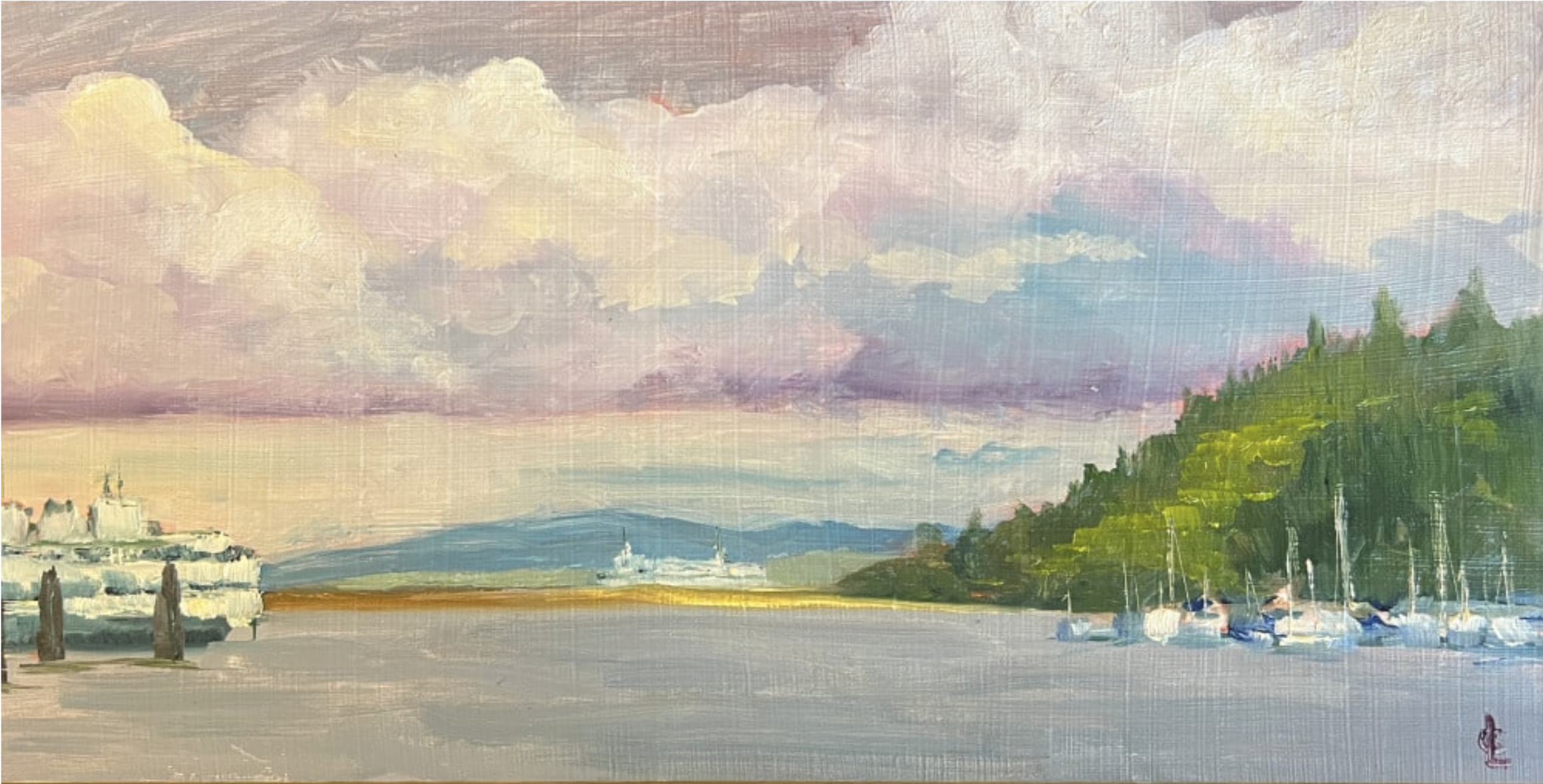  Eagle Harbor Ferries 
 Oil on ACM panel, 2023,  size: 8 x 16
 Shop Gallery →