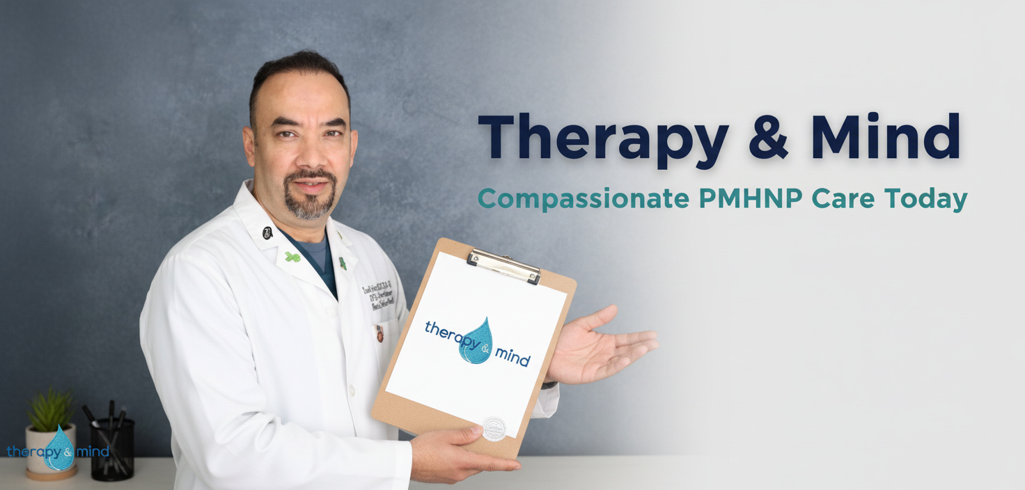 A man in a white doctor's coat holding a clipboard with the therapy & mind logo, standing in front of a two-tone gray and white background with text about therapy and mind