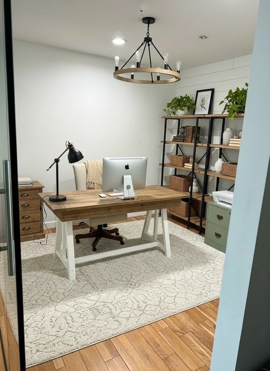 Office with a wooden desk, black desk lamp, iMac computer, wooden bookshelf with decor and books, green filing cabinet, beige armchair, rug, and a chandelier hanging from the ceiling.