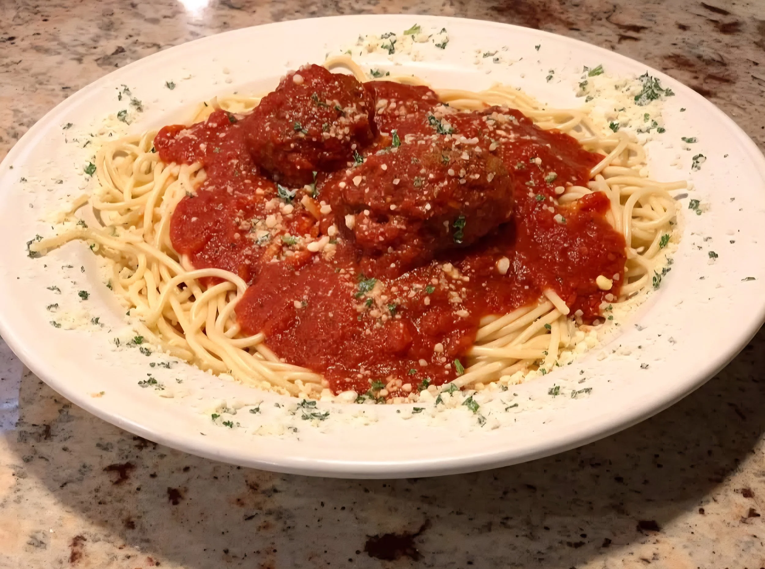 Plate of spaghetti with meatballs, tomato sauce, grated cheese, and herbs on a white dish set on a marble countertop.