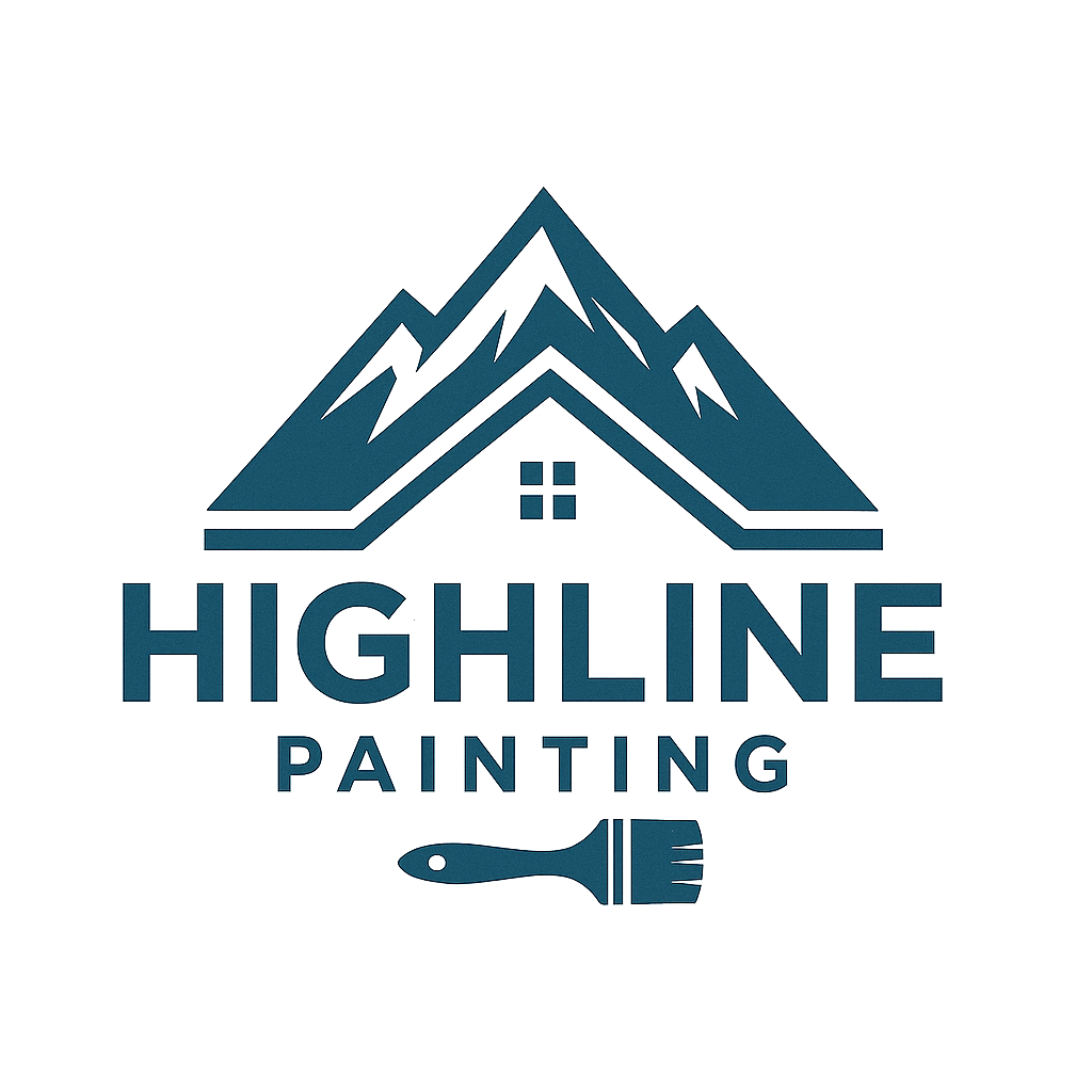 Logo for Highline Painting featuring a stylized mountain, a house roof with a window, and a paintbrush below the text 'Highline Painting'.