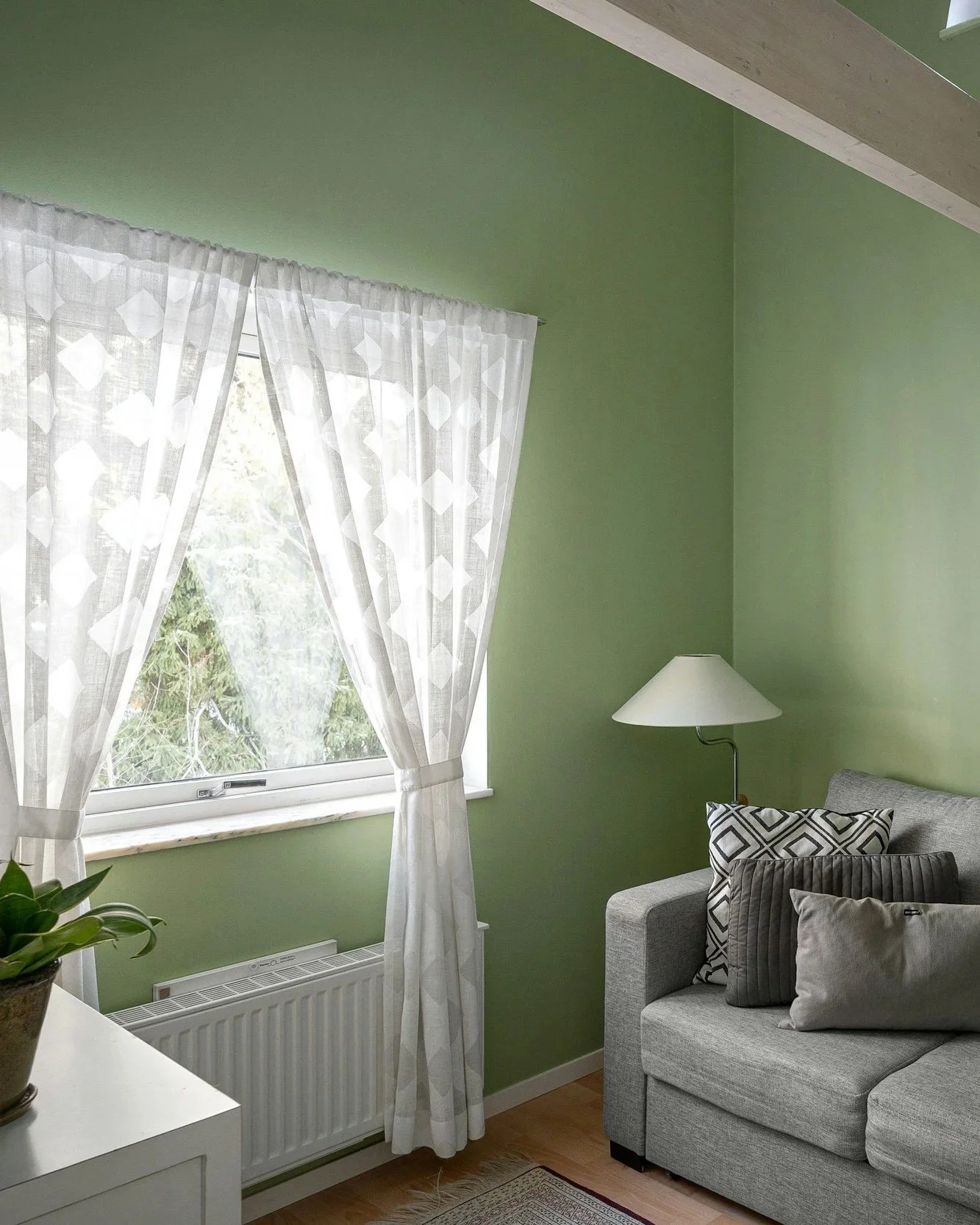 A cozy living room corner with a window covered by white sheer curtains, a light gray sofa with patterned and solid throw pillows, a white side table with a potted plant, and a white floor lamp, with a green wall and wooden flooring.