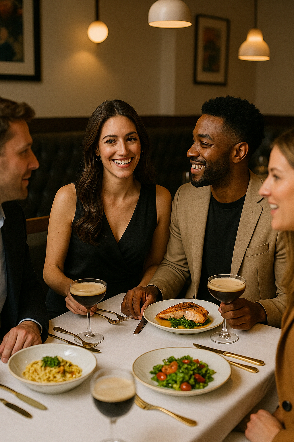 Group of four friends enjoying dinner at a restaurant, smiling, with plates of food and drinks on the table.