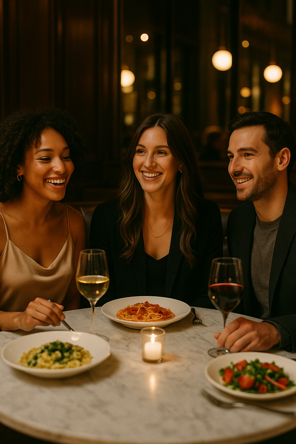 A group of three friends enjoying a dinner together at a restaurant, with plates of pasta, salad, and glasses of wine on the table, warm candlelight, and smiling faces.
