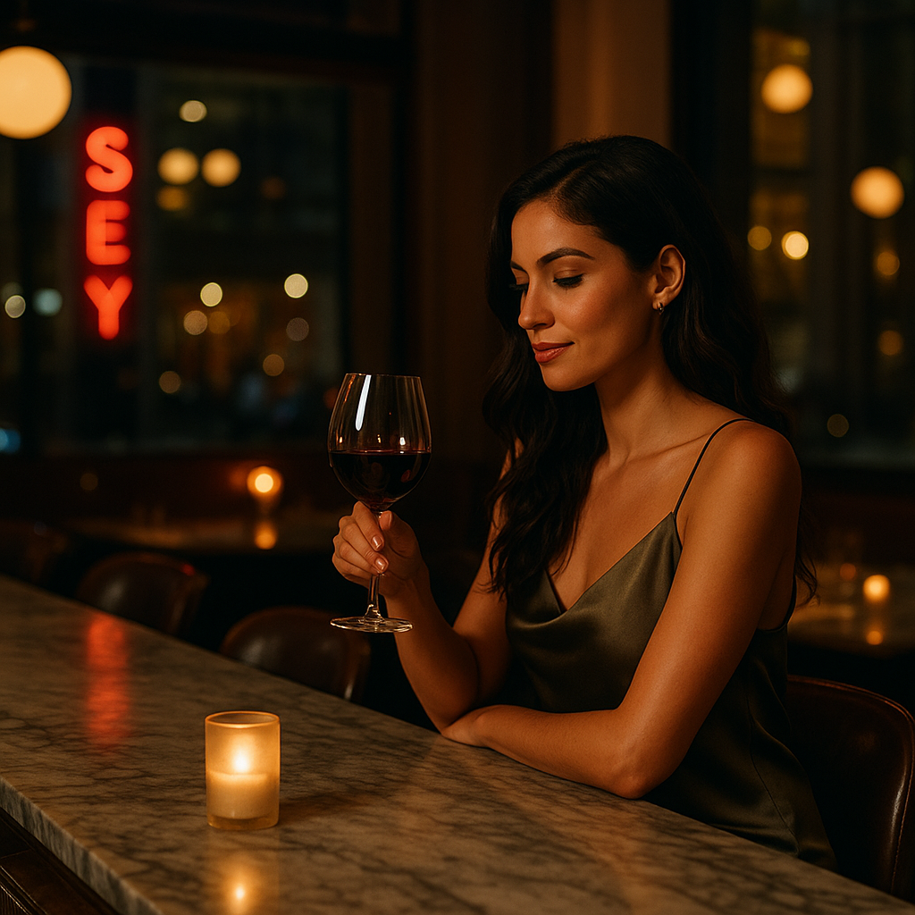Woman with long dark hair in a satin dress sitting at a bar, holding a glass of red wine with a candle on the marble bar counter, in a dimly lit setting.