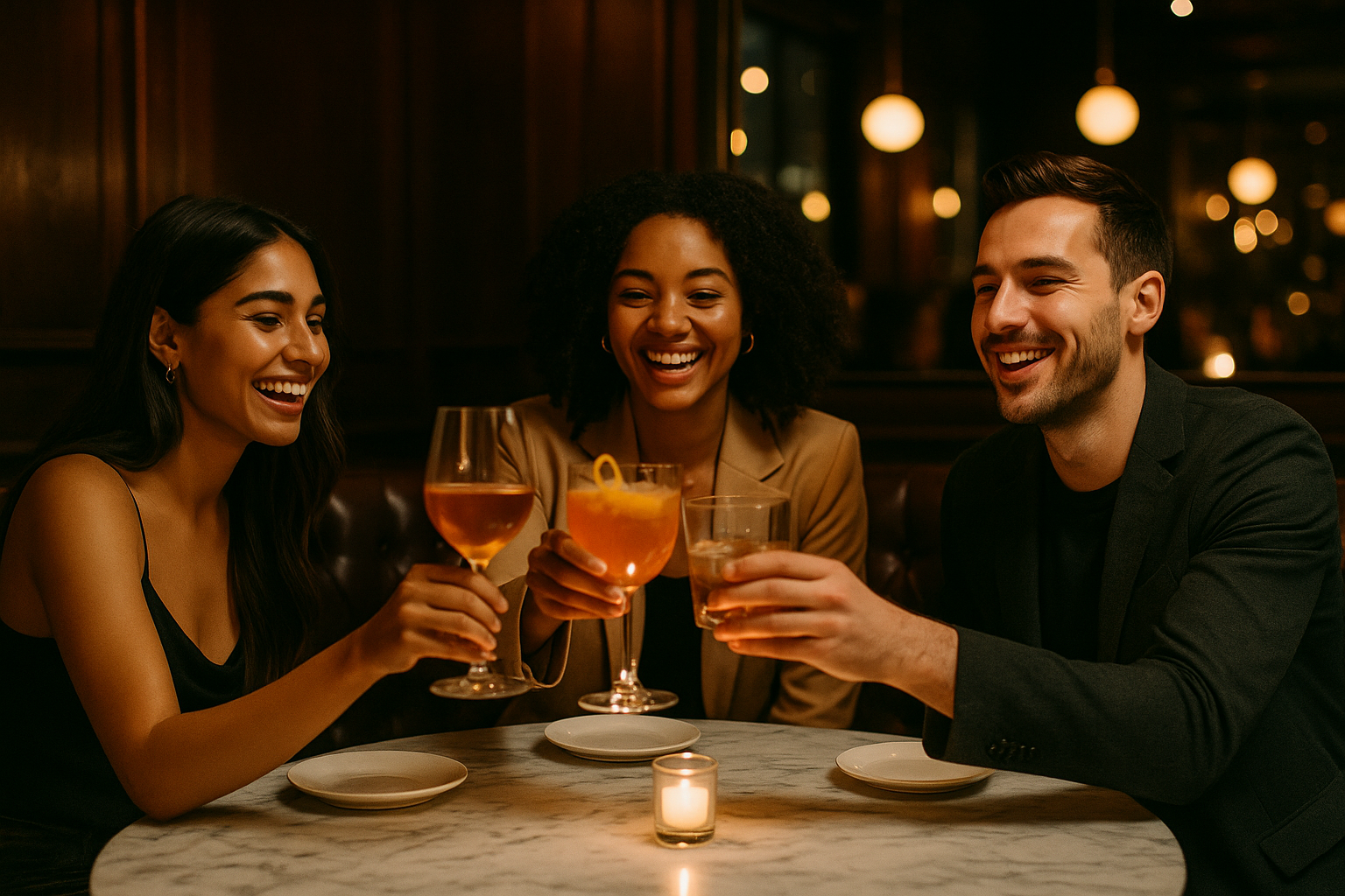 Three friends enjoying drinks together at a restaurant or bar, sitting at a marble table with small plates and a candle, smiling and toasting.