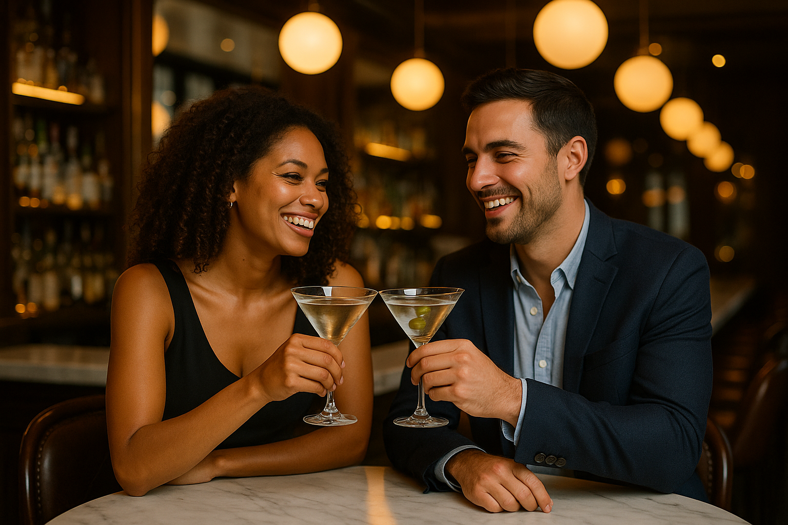 A smiling woman and man enjoying cocktails in a dimly lit bar, sitting at a marble table.