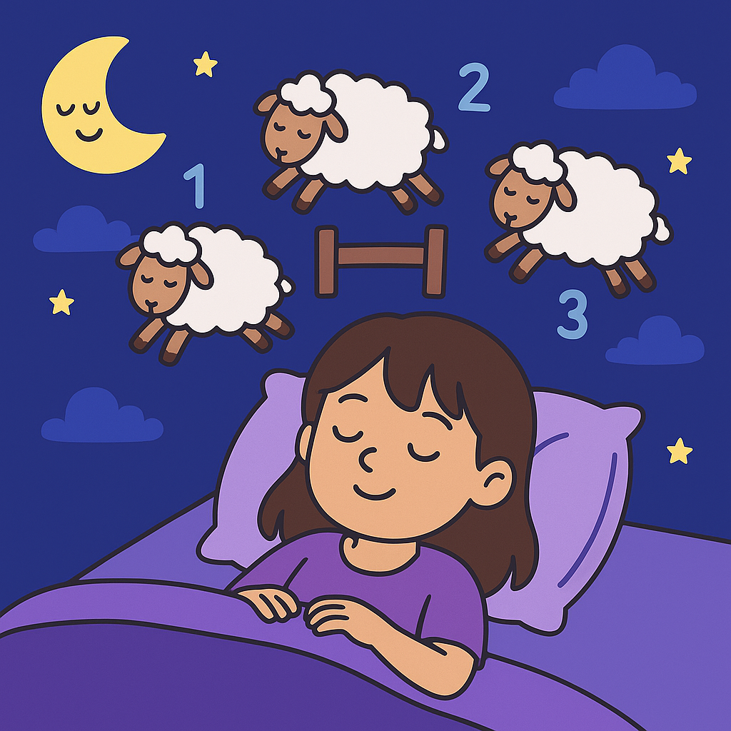 A girl sleeping in bed with a night sky background, featuring a smiling moon, clouds, stars, and floating cartoon sheep numbered 1 to 3 for sleep countdown.