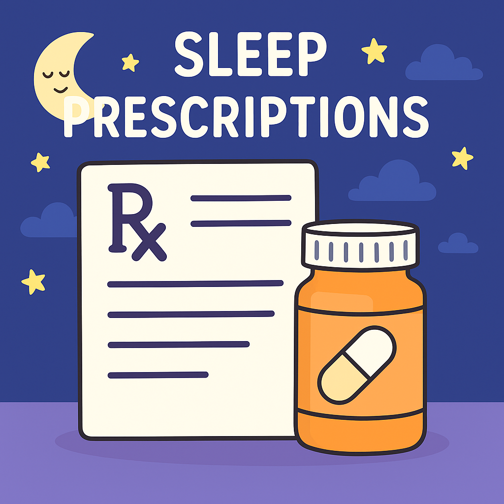 Illustration of a sleep prescription concept with a prescription pad, a medicine bottle with a capsule icon, a moon, stars, clouds, and the words "Sleep Prescriptions" on a night sky background.