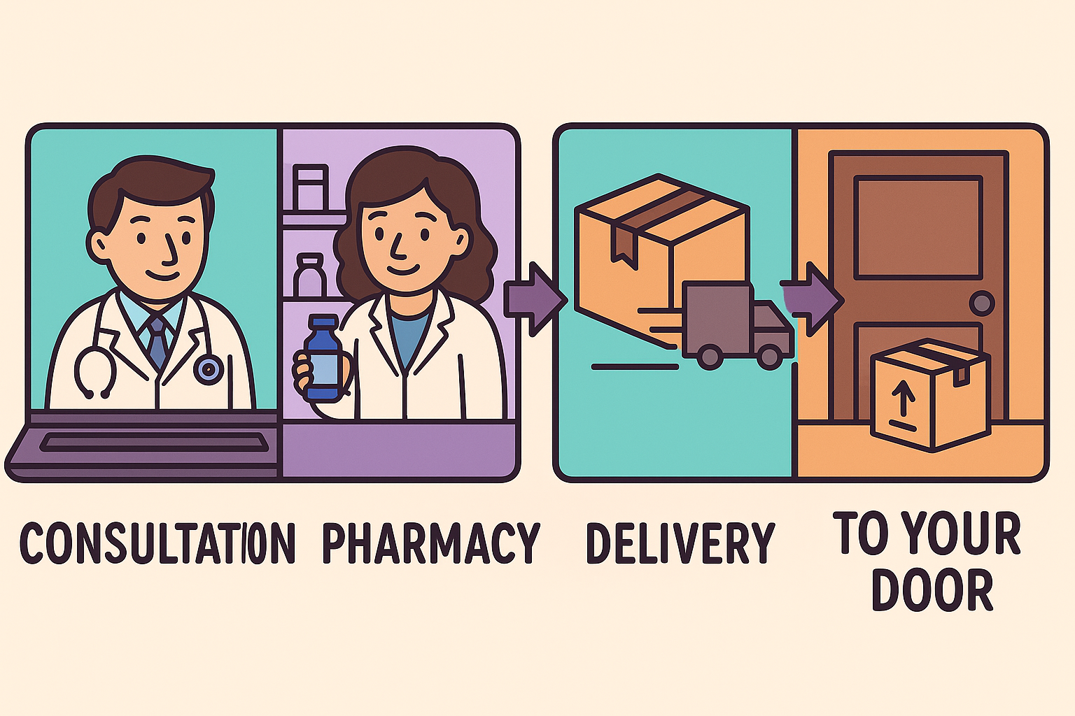 Cartoon illustrating the process of medication from pharmacy consultation, delivery via truck, to arriving at a home door with a box of medication.