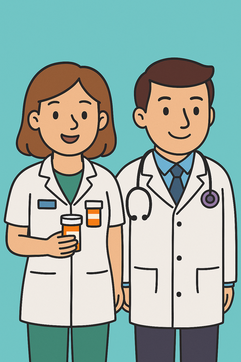 Cartoon illustration of a female and male doctor standing side by side, both wearing white lab coats, with the female holding medicine bottles and the male wearing a stethoscope around his neck.
