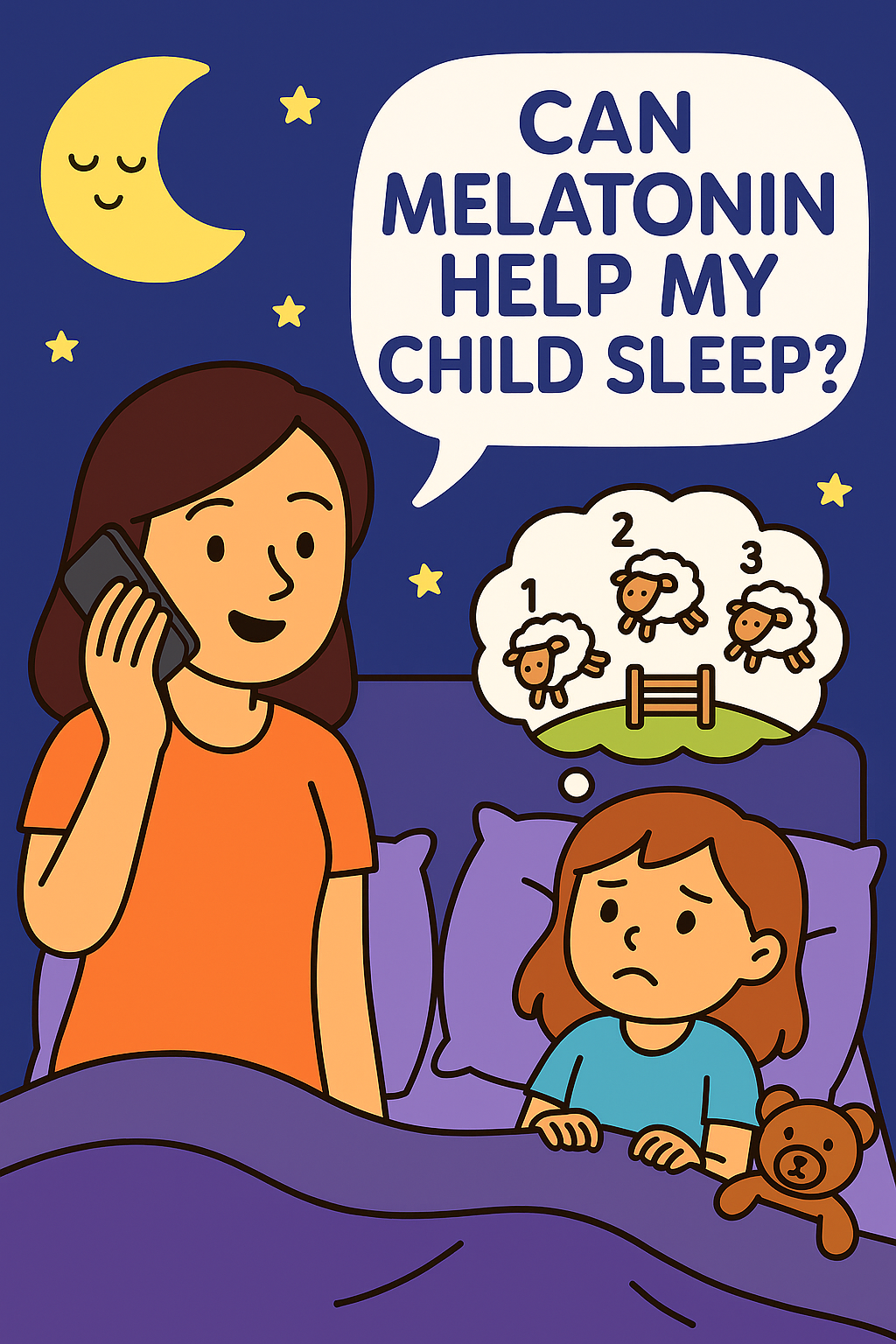 A woman is talking on the phone to a mother about melatonin helping her child's sleep. The child is lying in bed with a teddy bear and looks worried. There is a thought bubble showing sheep jumping over a fence, with a night sky and a moon with a smiley face in the background.