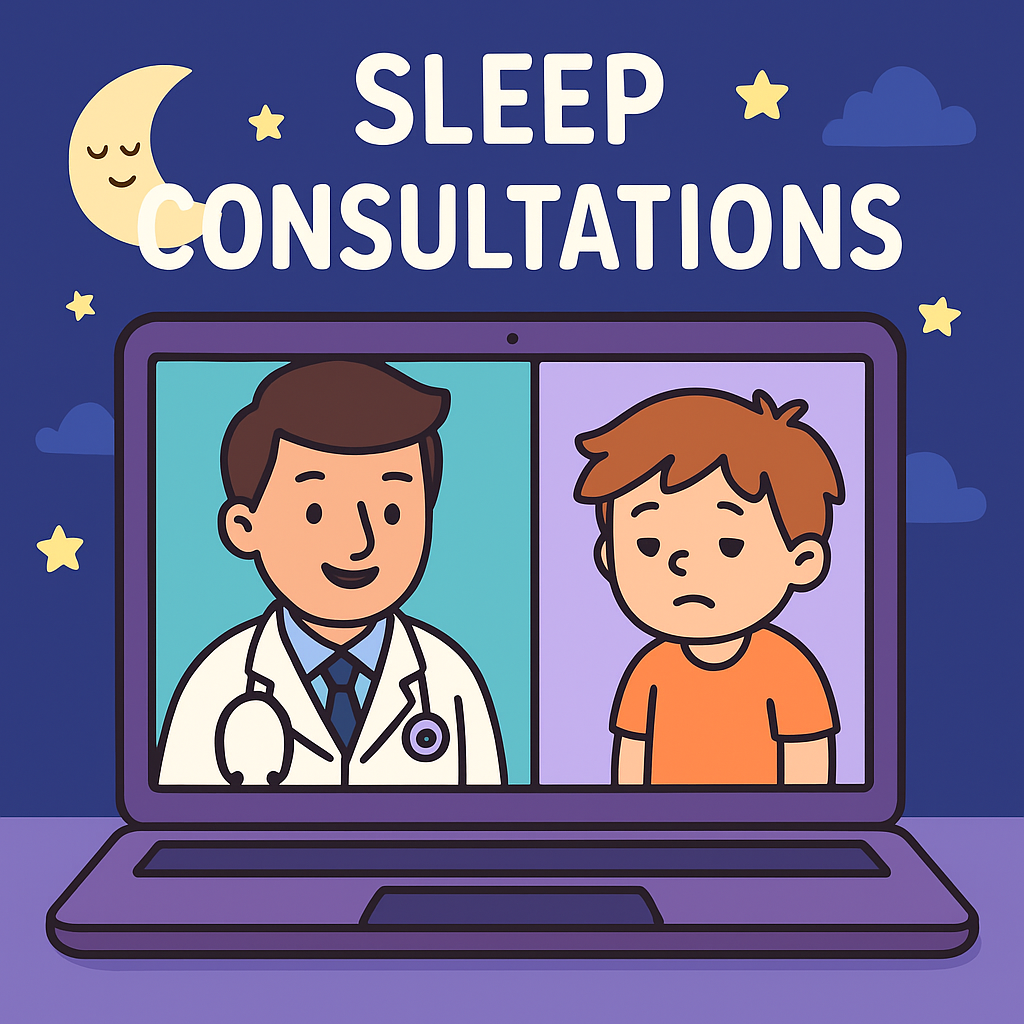 Illustration of a laptop screen showing a virtual sleep consultation between a doctor and a young patient. The background is night sky with stars, moon, and clouds, and the words "Sleep Consultations" are displayed at the top.