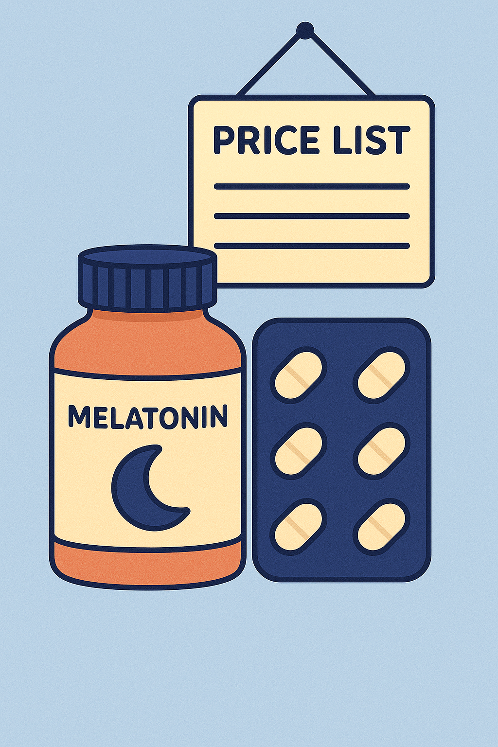 Illustration of a bottle labeled 'Melatonin', a blister pack of pills, and a price list sign.