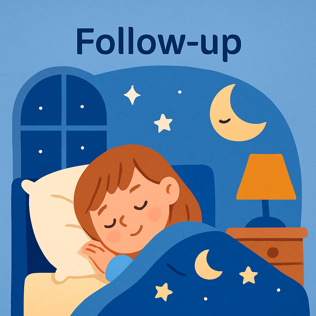 Illustration of a girl sleeping peacefully in bed at night with stars, moon, and a nightstand with a lamp, labeled 'Follow-up'