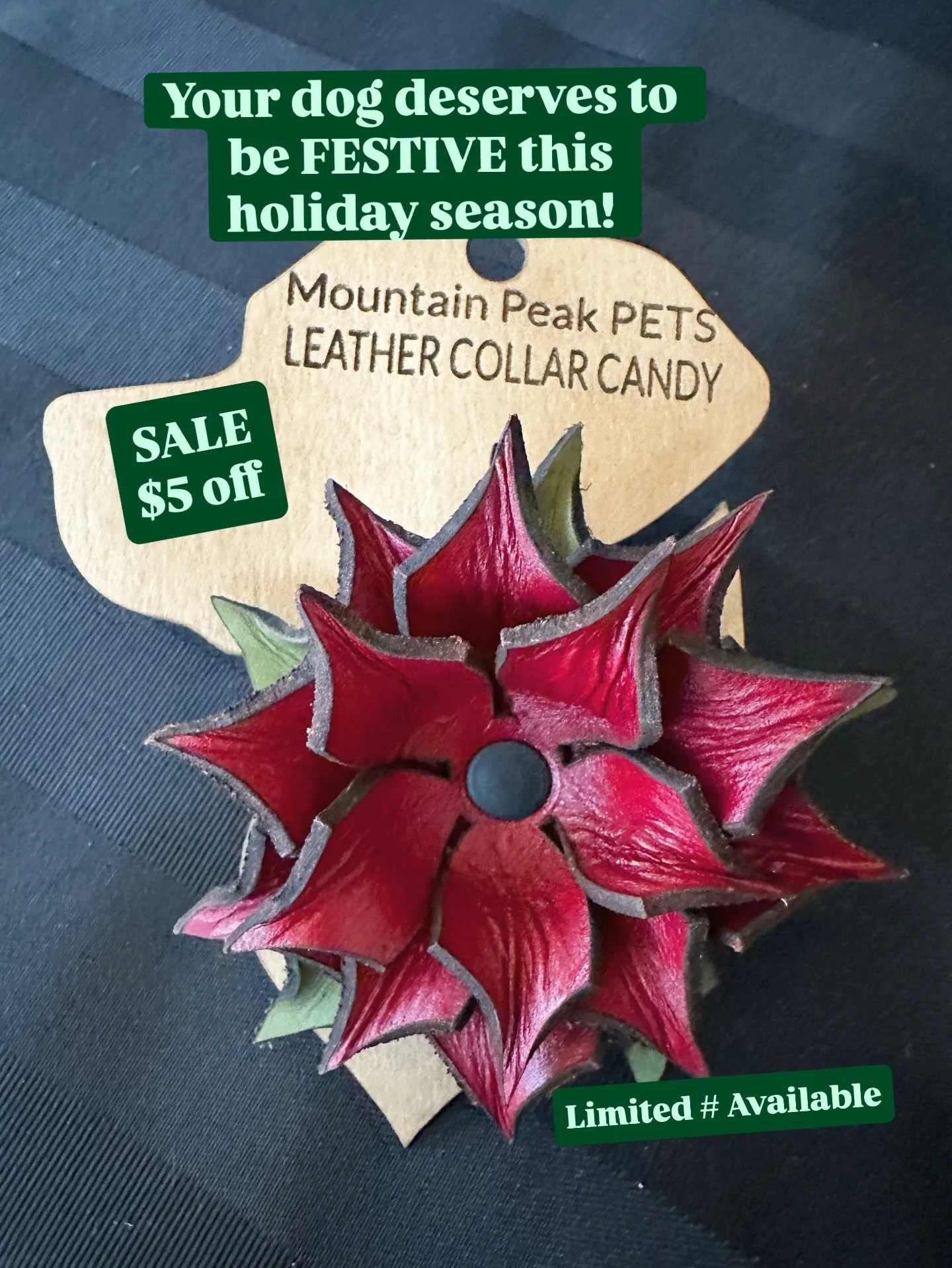 Dress your dog up for Christmas with a festive poinsettia or bow tie from Mountain Peak Pets! 

$5 off while supplies last!  If you live in Calgary, you can pick yours up in Killarney or pay for shipping to your doorstep!

Send us a message to order 