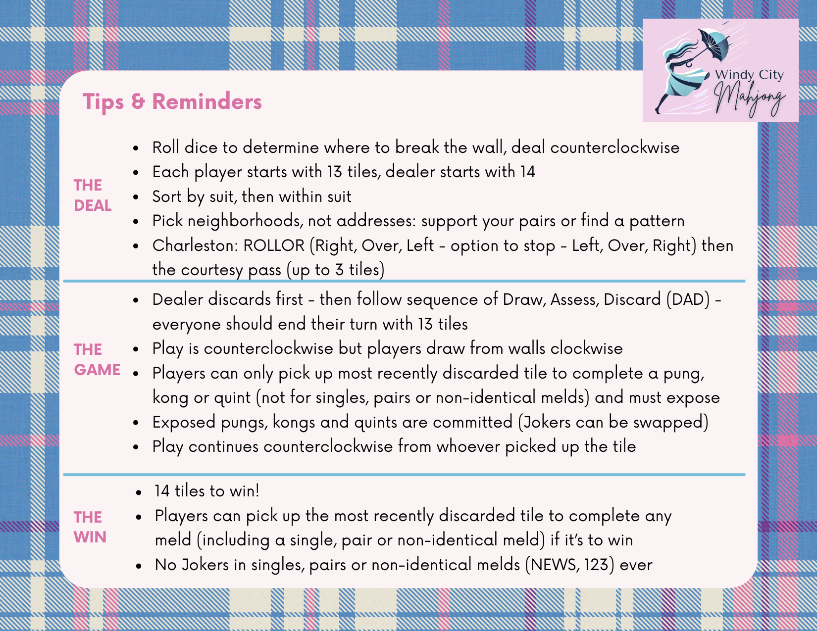 Mahjong 101 Reminder Card (FREE)